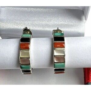 Vintage Navajo Turquoise Coral Mother Of Pearl Inlay Sterling Silver Earrings